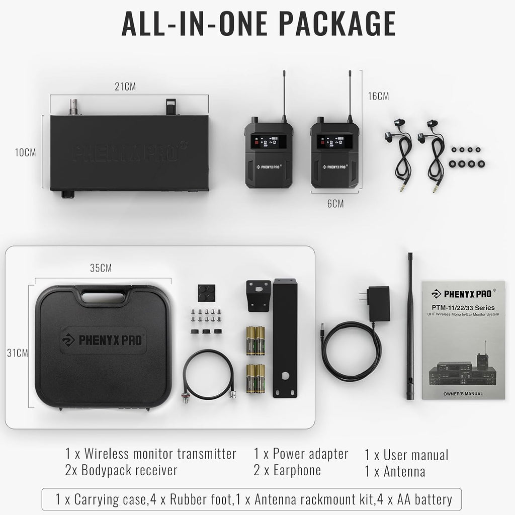 Phenyx Pro Wireless in Ear Monitor System,Dual in Ear Monitors for Musicians, Mono Stage Monitor, Metal IEM w/ 2 Bodypacks, 50 UHF Frequencies, Rack Mount, 164ft Range, for Studio/Band (PTM-11-2B)