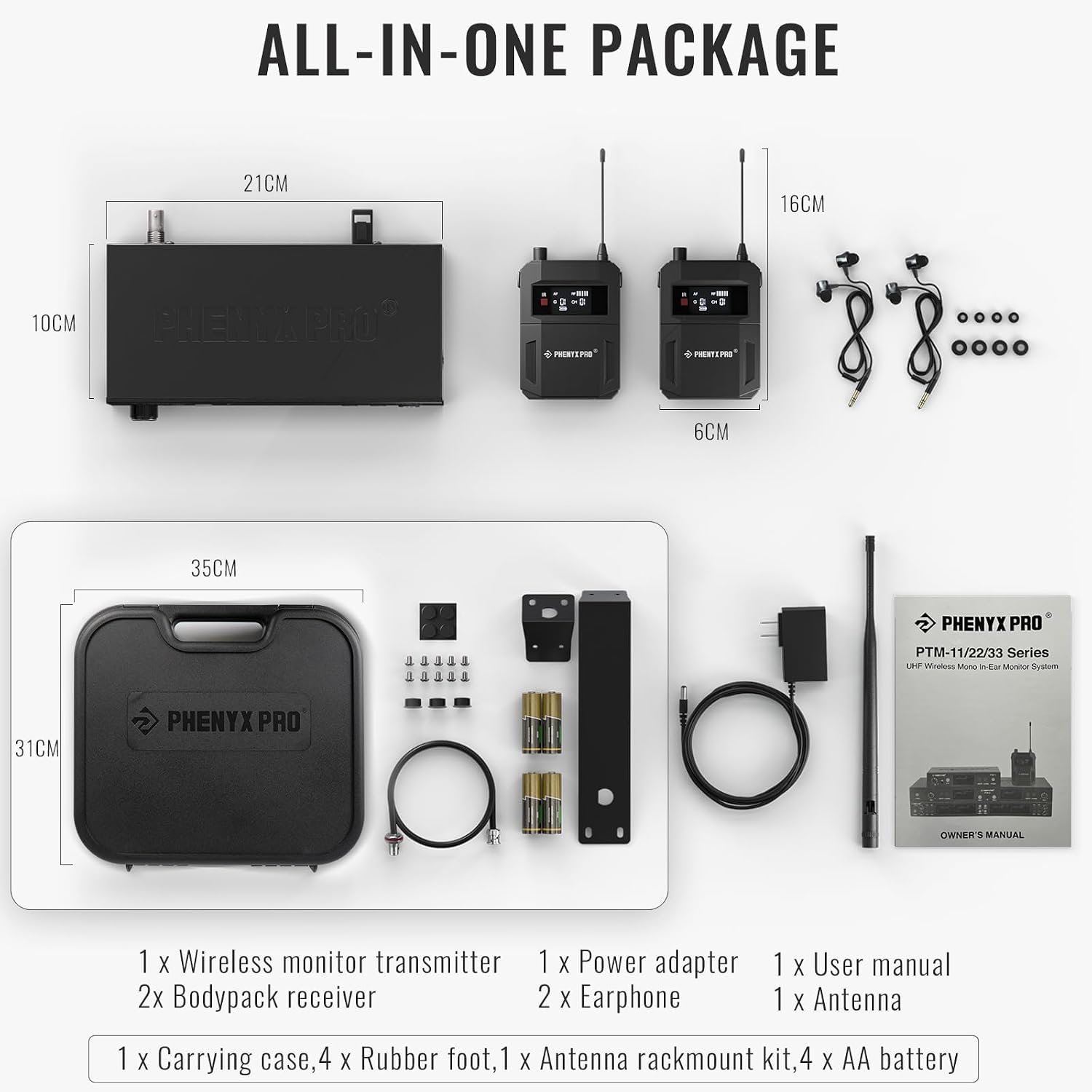 Phenyx Pro Wireless in Ear Monitor System,Dual in Ear Monitors for Musicians, Mono Stage Monitor, Metal IEM w/ 2 Bodypacks, 50 UHF Frequencies, Rack Mount, 164ft Range, for Studio/Band (PTM-11-2B)