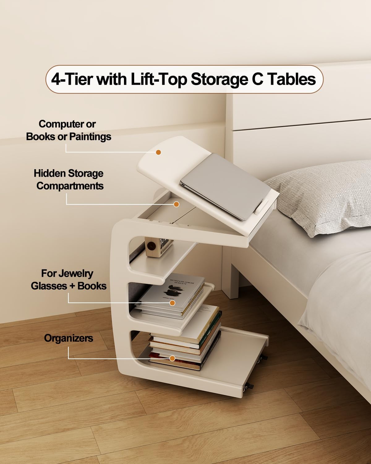 AQIMUELE Wooden C-Shaped End Table,Couch Desk with 2 Lockable Wheels,4-Tier Couch Table with Storage Bag,Small Rolling Side Table Tv Trays for Couch, Living Room,Bedroom (White)