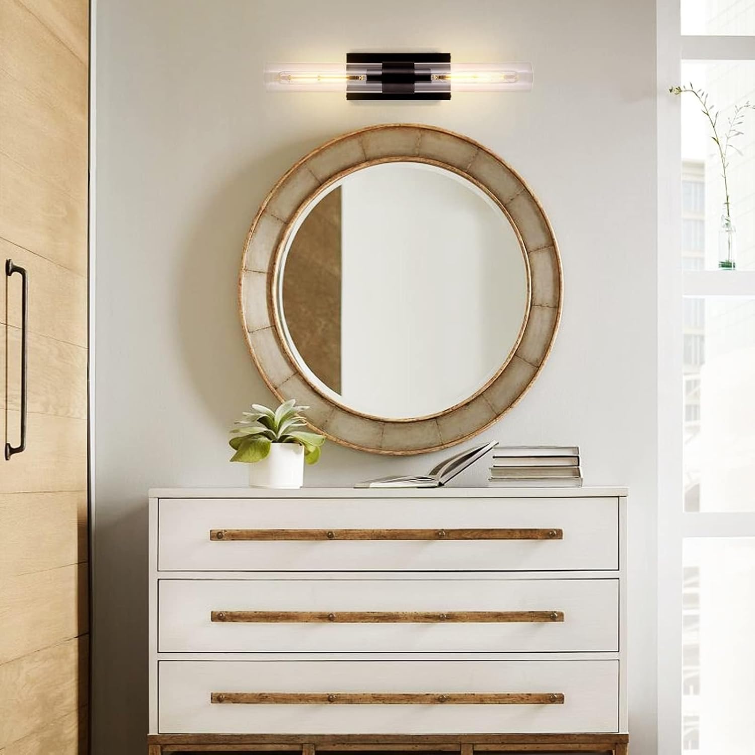 Bronze Vanity Light Hardwired, 2-Light Bathroom Wall Sconce Over Mirror, Black Vanity Lights for Bathroom, Dimmable Wall Sconces with Glass Tube, Indoor Linear Wall Sconce Vertical & Horizontal, 1 PC