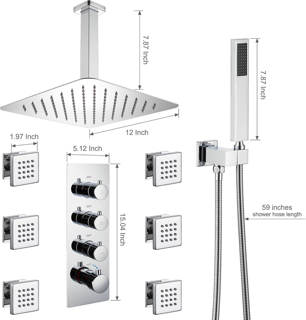 MONDAWE 12 In Thermostatic Shower System, Ceiling Mounted High Pressure Shower Head with Handheld,6 Body Jets, Bathroom Shower Faucet Set in Chrome