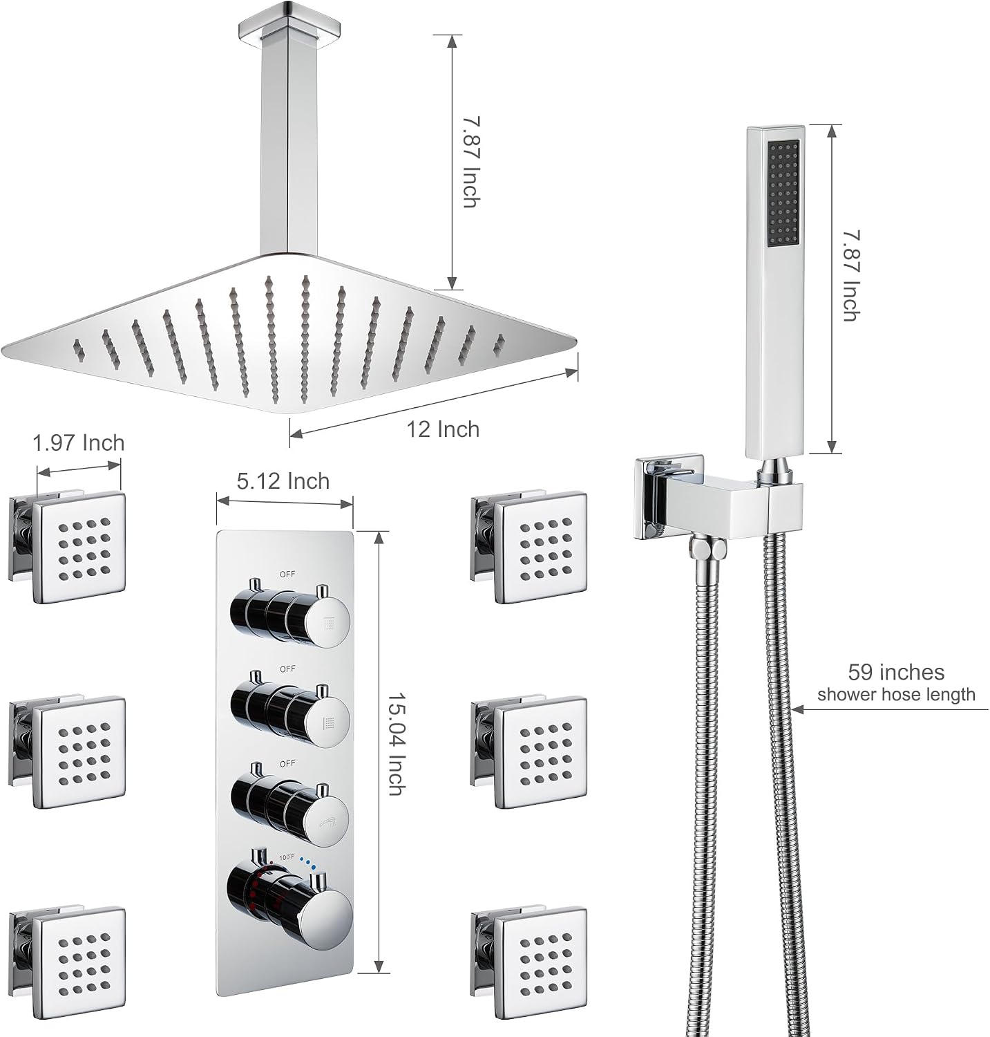 MONDAWE 12 In Thermostatic Shower System, Ceiling Mounted High Pressure Shower Head with Handheld,6 Body Jets, Bathroom Shower Faucet Set in Chrome