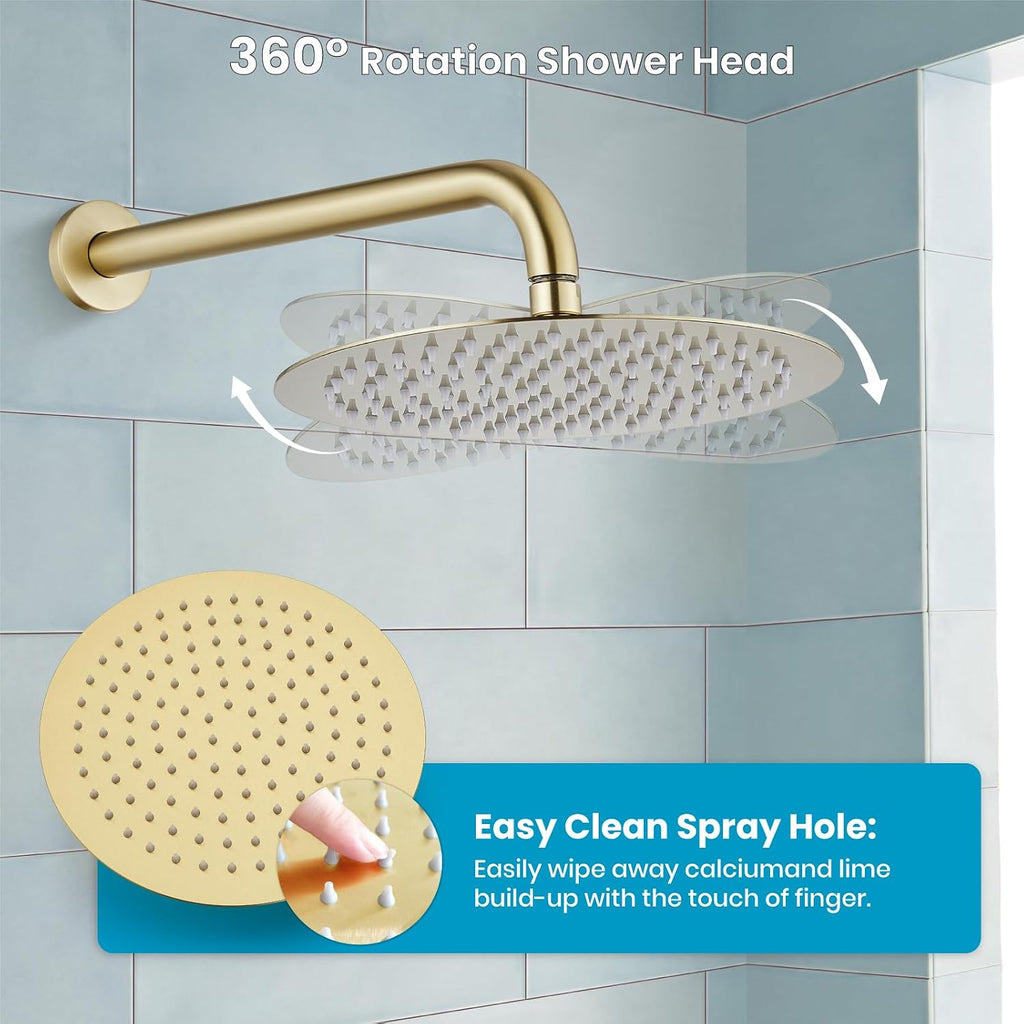 gotonovo Rain Shower System with 10 Inch Round Showerhead and Handheld High Pressure Shower Faucet Set Contain Rough in Valve, Brushed Gold