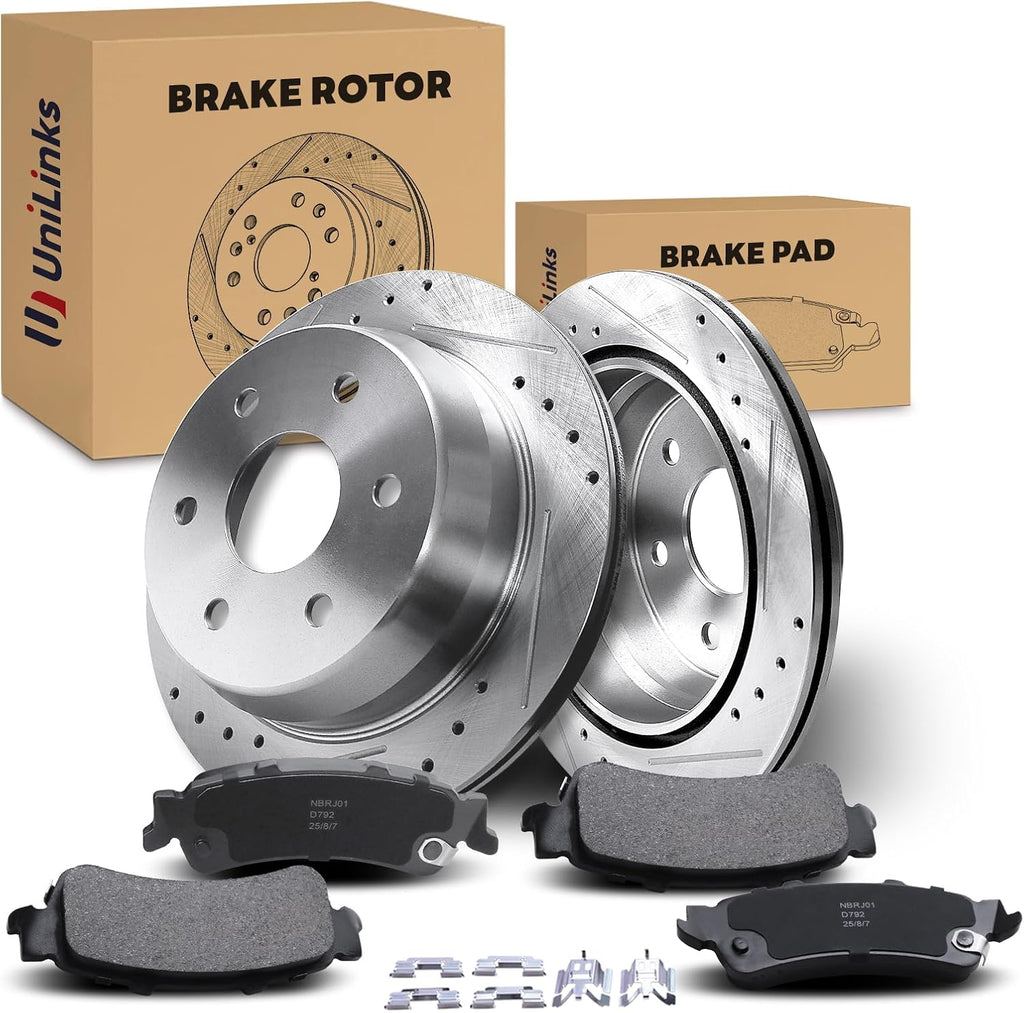 Rear Drilled and Slotted Disc Brake Rotors & Ceramic Brake Pads Kit Fit for Chevrolet 03-05 Astro, 99-06 Silverado 1500, 00-01 Tahoe; for GMC 03-05 Safari, 99-06 Sierra 1500, 00-01 Yukon
