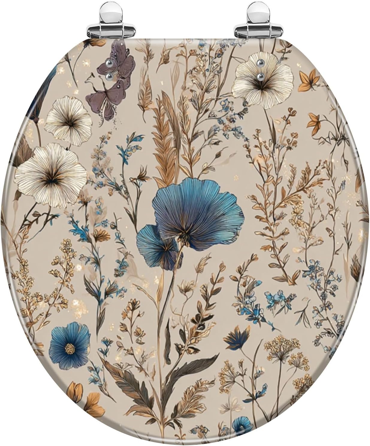 Round Toilet Seat Elegant Floral Blue White Golden Accents Butterflies Resin Toilet Seat Quietly Close Quick Release Hinges with Cover Bumpers Decorative Easy to Install Clean