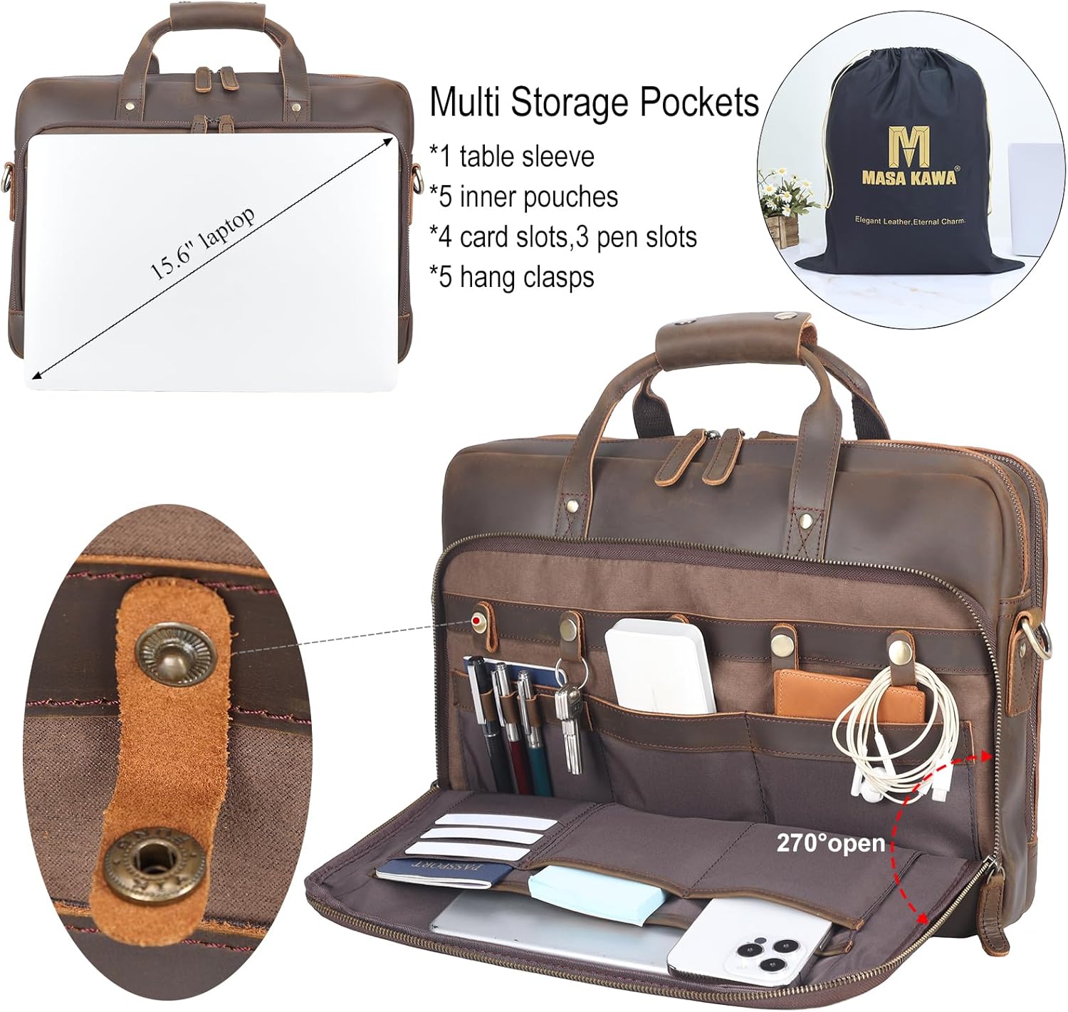Masa Kawa Leather Briefcase for Men 17/15.6' Laptop Crossbody Shoulder Messenger Bag Business Travel Work Attache Case