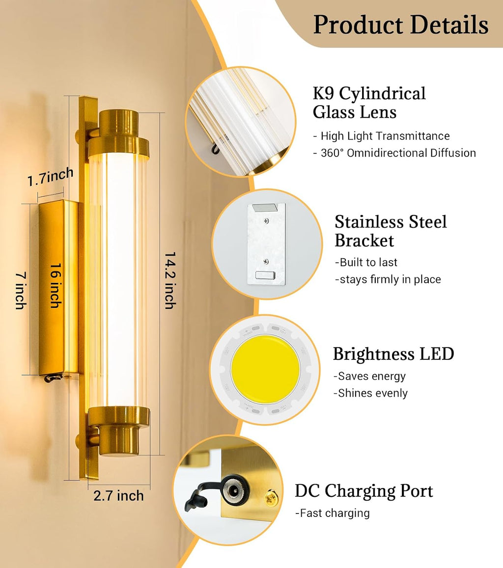 Battery Operated Wall Sconce Set of Two,12000 mAh Rechargeable Wall Sconce with Remote Battery Powered Wall Light LED Crystal Glass Gold Wall sconces for Bathroom, Living Room, Hallway, Mirror