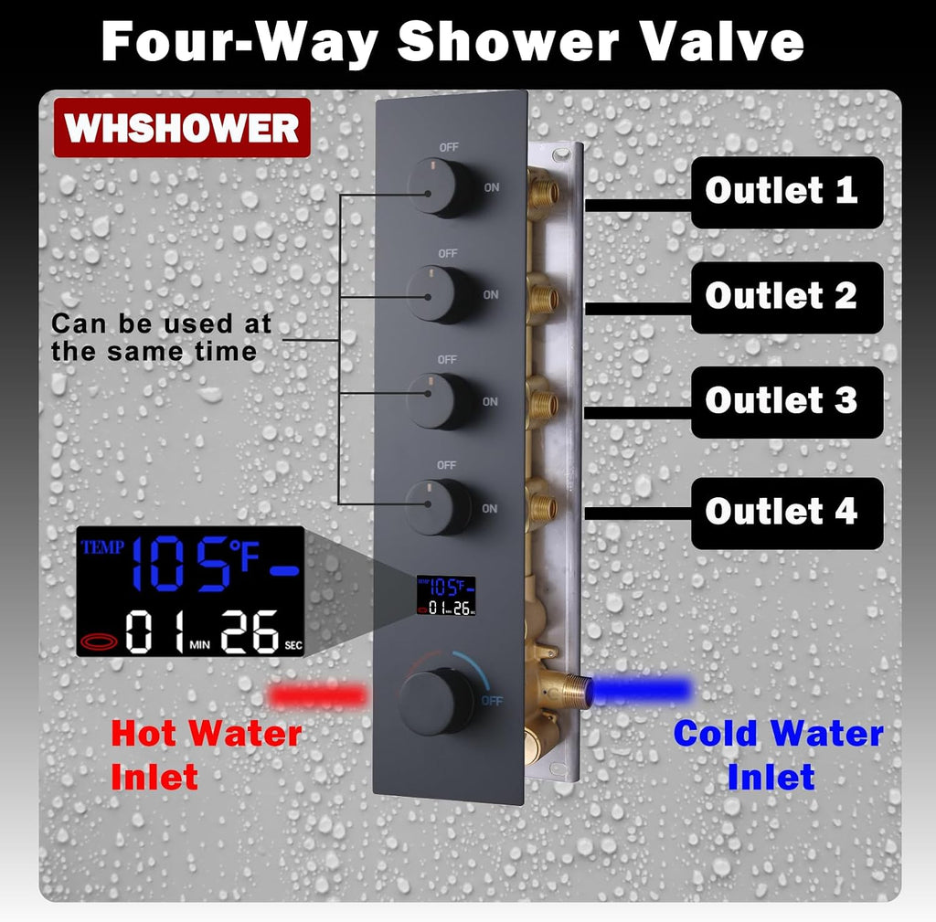 Bathroom Shower Faucet Set Dual Shower Heads Shower System with 12' & 8' Shower Heads, Handheld,Waterfall Bathtub Spout and Digital Display Valve,Full Body Shower System,Matte Black