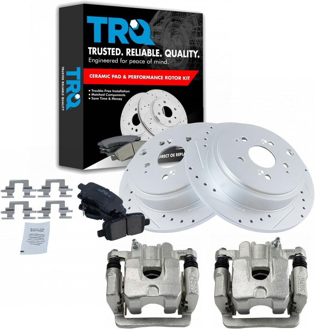 TRQ Performance Rear Brake Pad and Rotor Set Ceramic Slotted Drilled Coated Rotors Calipers Compatible with 2001-2006 Acura MDX 2003-2008 Honda Pilot