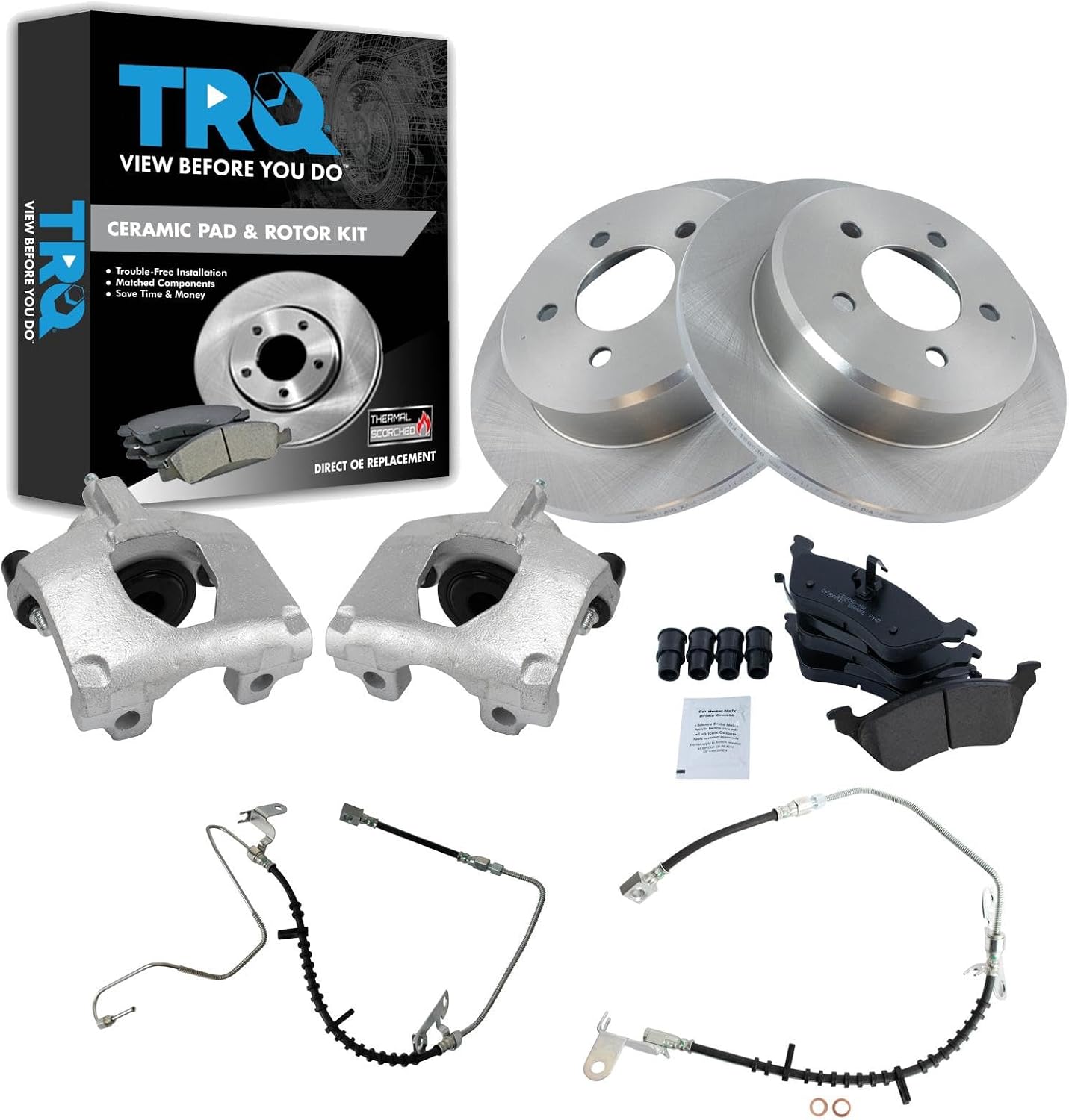 TRQ Rear Brake Pad and Rotor Set Ceramic Rotors Calipers Hoses Compatible with 2001-2004 Chrysler Town and Country 2005-2007 Dodge Caravan 2001-2002 Grand Caravan