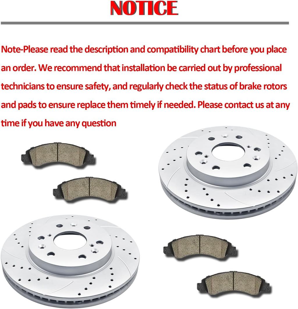 Front and Rear Drilled and Slotted Brake Rotors Ceramic Brake Pads Replacement for Dodge Ram 1500 Durango Chrysler Aspen 5 Lug Models