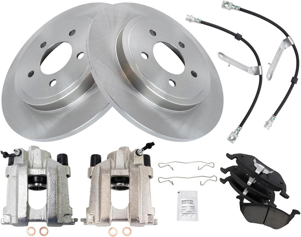 TRQ Rear Brake Pad and Rotor Set Ceramic Rotors Calipers Hoses Compatible with 2005-2007 Ford Escape Mercury Mariner 2005-2006 Mazda Tribute