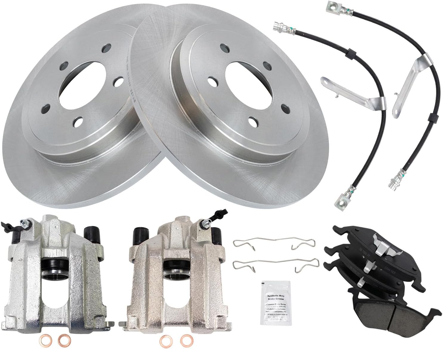 TRQ Rear Brake Pad and Rotor Set Ceramic Rotors Calipers Hoses Compatible with 2005-2007 Ford Escape Mercury Mariner 2005-2006 Mazda Tribute