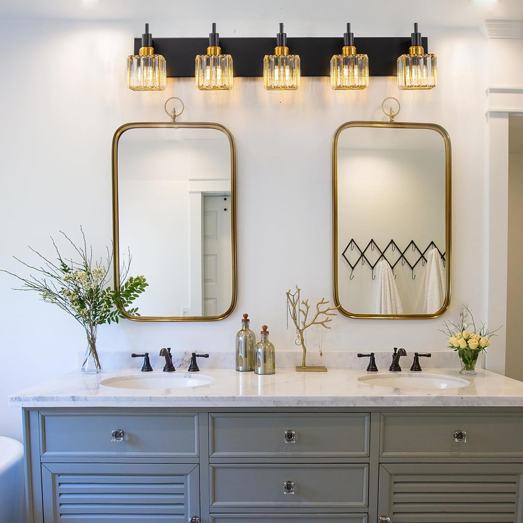 Modern Crystal Bathroom Vanity Light Black Gold 5-Lights Bathroom Lighting Fixtures Over Mirror, Brass Wall Light Fixtures