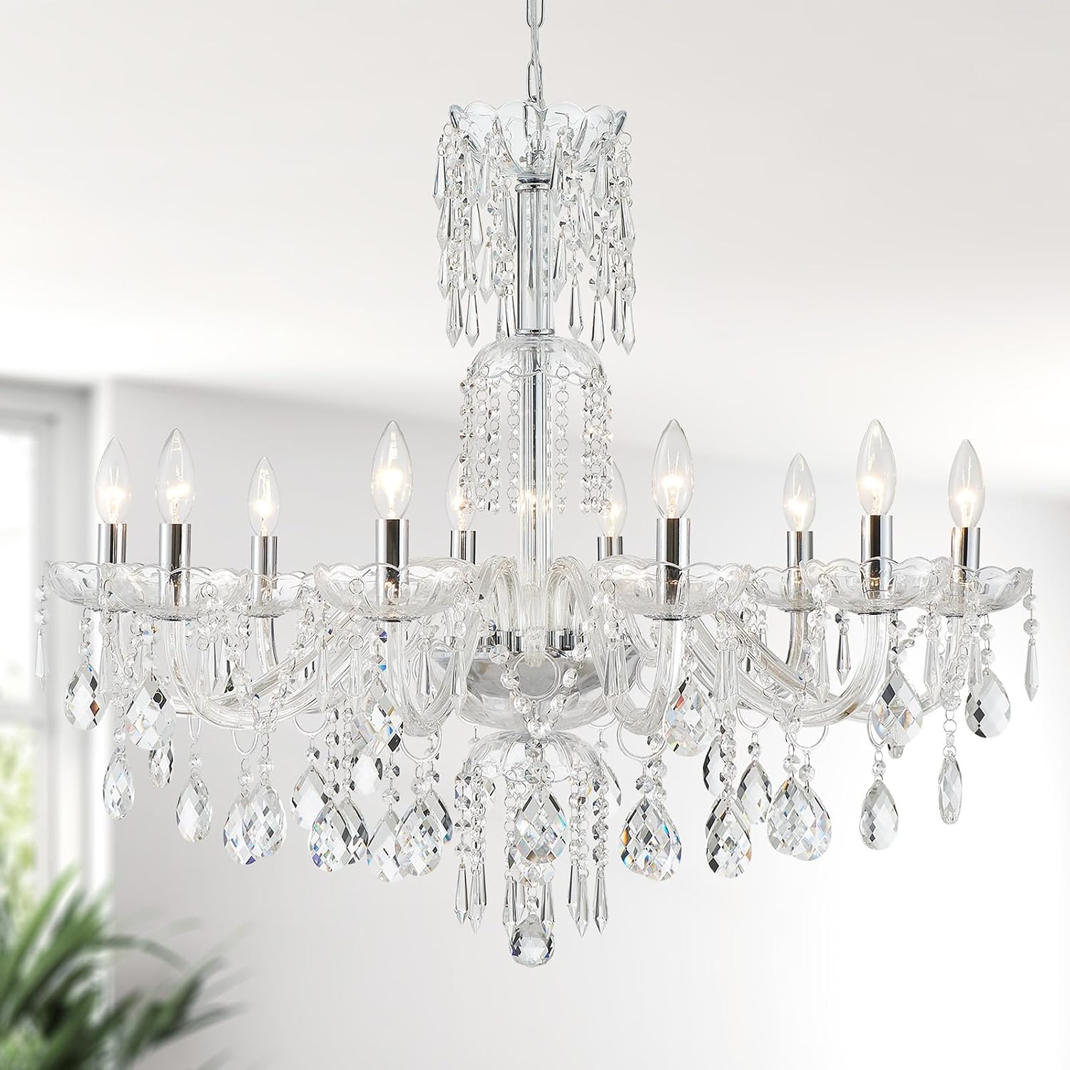 WUZUPS 10-Light Crystal Candle Chandelier Pendant Ceiling Light Modern Lighting Fixture for Bedroom Hallway Bar Kitchen Bathroom, H 26.7' W 33.9', E12 Base, Chrome