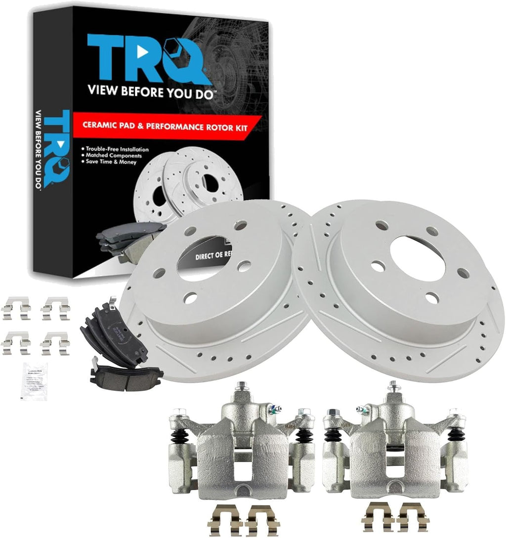 TRQ Performance Rear Brake Pad & Rotor Set Ceramic Drilled Rotors Calipers Compatible with 97-04 Buick Regal 98-02 Oldsmobile Intrigue 00-05 Chevrolet Impala Monte Carlo 97-03 Pontiac Grand Prix