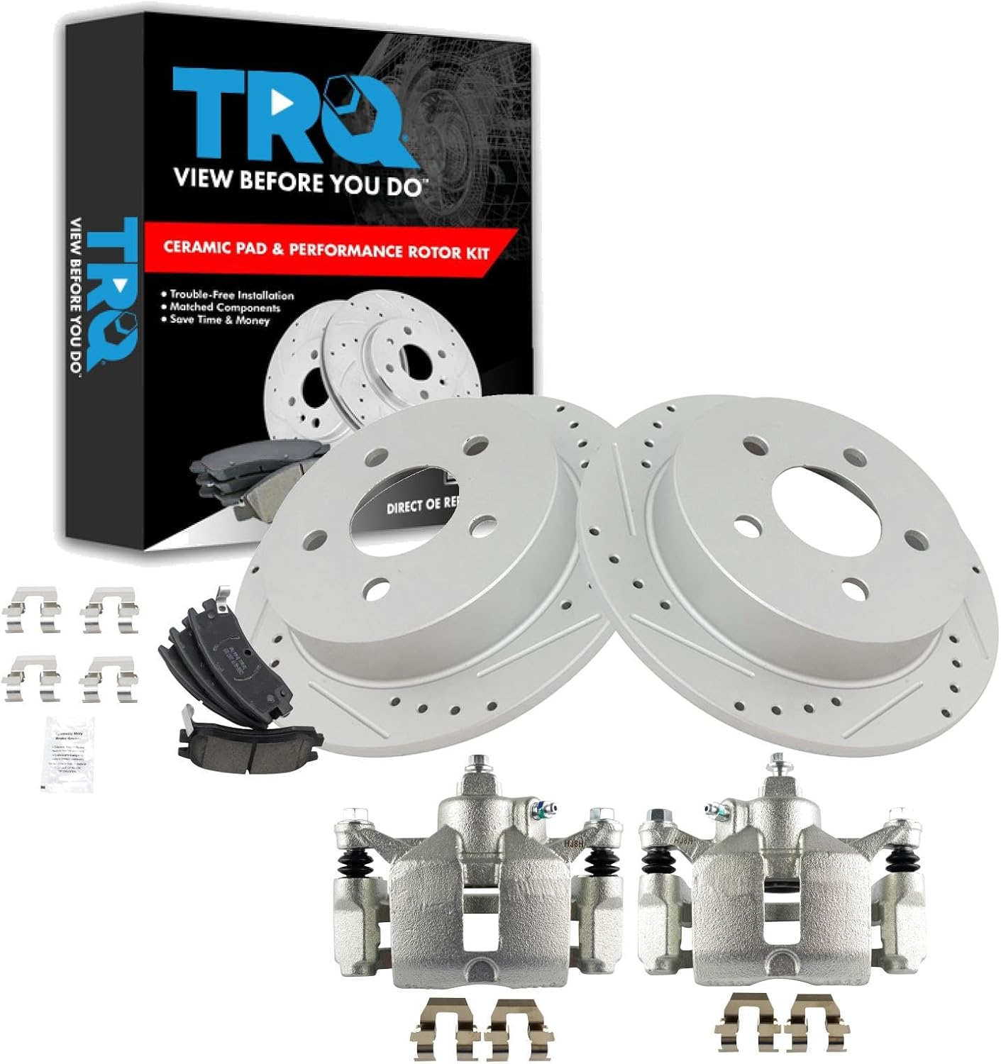 TRQ Performance Rear Brake Pad & Rotor Set Ceramic Drilled Rotors Calipers Compatible with 97-04 Buick Regal 98-02 Oldsmobile Intrigue 00-05 Chevrolet Impala Monte Carlo 97-03 Pontiac Grand Prix