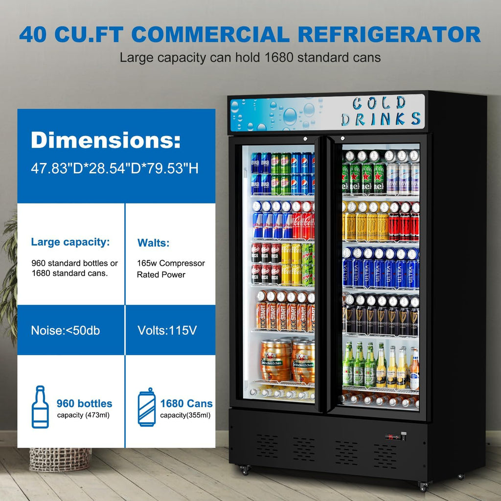 Commercial Glass Door Display Refrigerator 40 Cu.ft Cooler Commercial Display Beverage Refrigerators with LED Light and 10 Shelves for Cafe Restaurant Store Bar