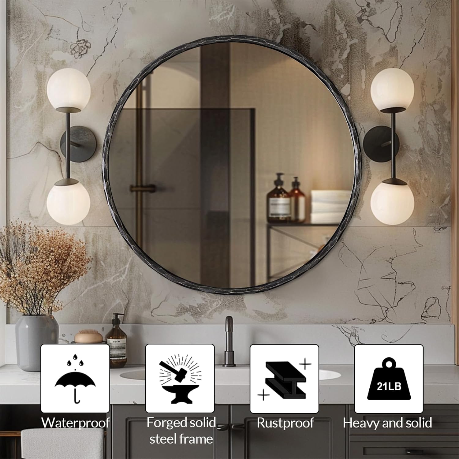 ANDY STAR Hand-Forged Round Mirror for Wall, 24 Inch Black Solid Steel Antique Rounded Bathroom Mirror, Vintage Hammered Metal Frame Circle Mirror for Wall Decor, Vanity, Bedroom, Entryway