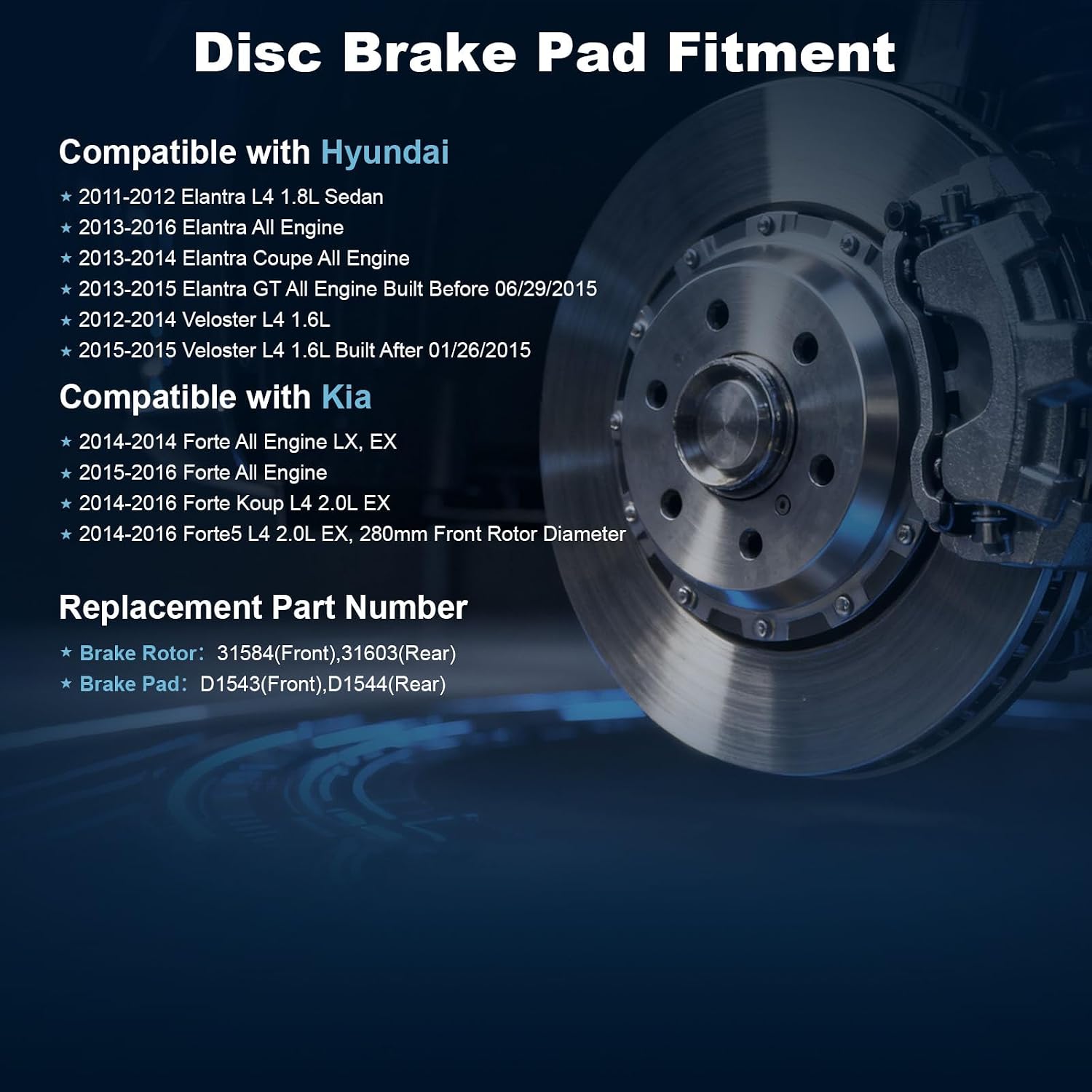Front & Rear Disc Brake Rotors & Ceramic Brake Pads Kit Fit for Hyundai 11-16 Elantra, 13-16 Elantra GT, 12-15 Veloster; for Kia 14-16 Forte, 14-16 Forte Koup/Forte5#31584 31603 D1543 D1544