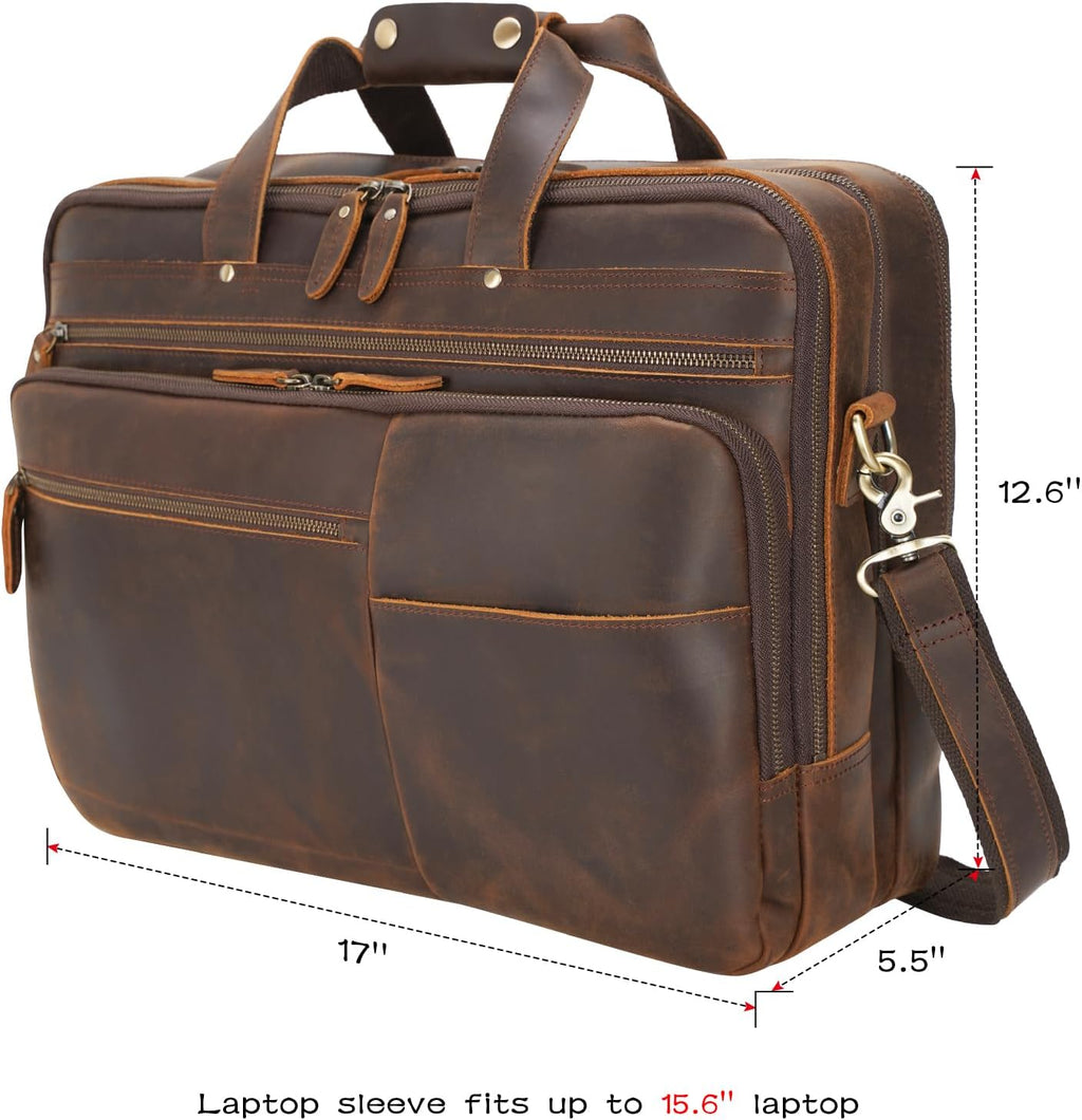 Polare X-Large 18' Full Grain Leather Briefcase For Men Business Travel Case Messenger Bag Fits 17.3' Laptop