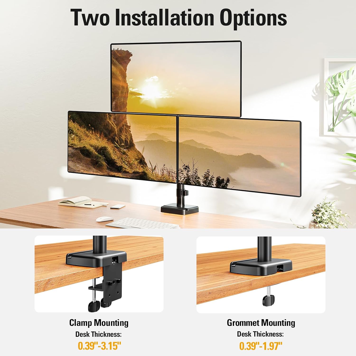 Triple Monitor Mount Fits Max 32 Inch Computer Screen, 3 Monitor Desk Mount Holds Up to 19.8lbs, Heavy Duty Gas Spring Arm, 75x75/100x100 Vesa Mount with C-Clamp/Grommet Base