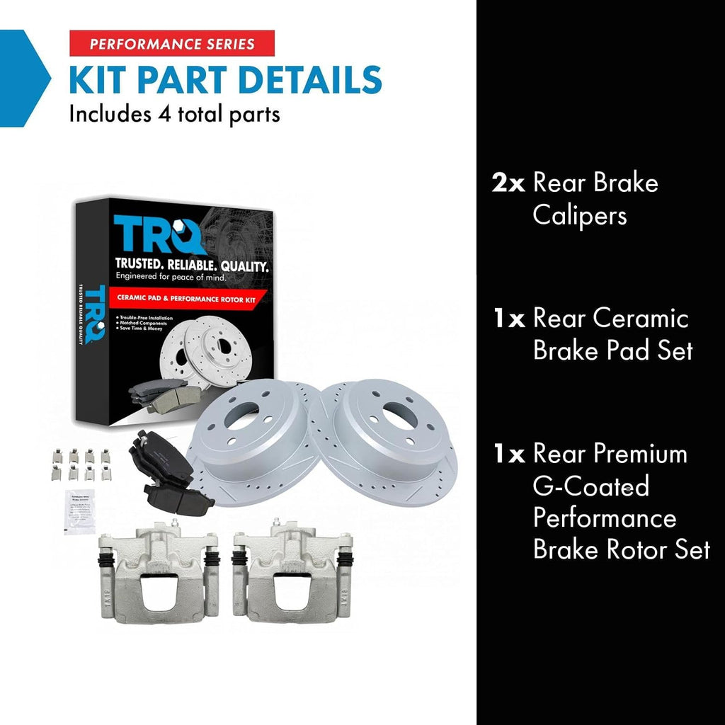 TRQ Performance Rear Brake Pad and Rotor Set Ceramic Coated Drilled Slotted Rotors Calipers Compatible with 2007-2017 Jeep Wrangler 2018 Wrangler JK