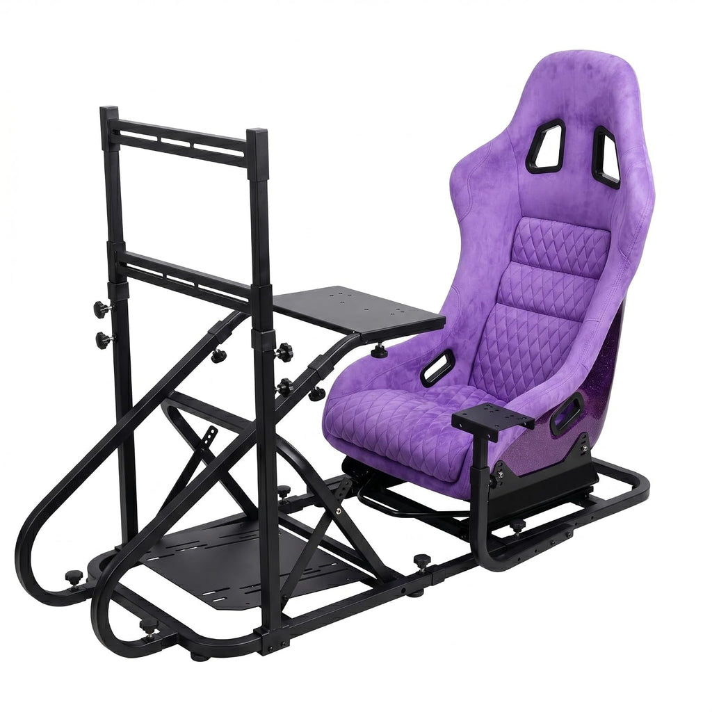 Racing Simulator Cockpit with Monitor Mount and Strong Fiberglass Purple Mesh Fabric Bucket Seat, Racing Wheel Stand Compatible with Fanatec, Thrustmaster, Logitech, Moza Racing Games on PS5, PS4, Xbox and PC