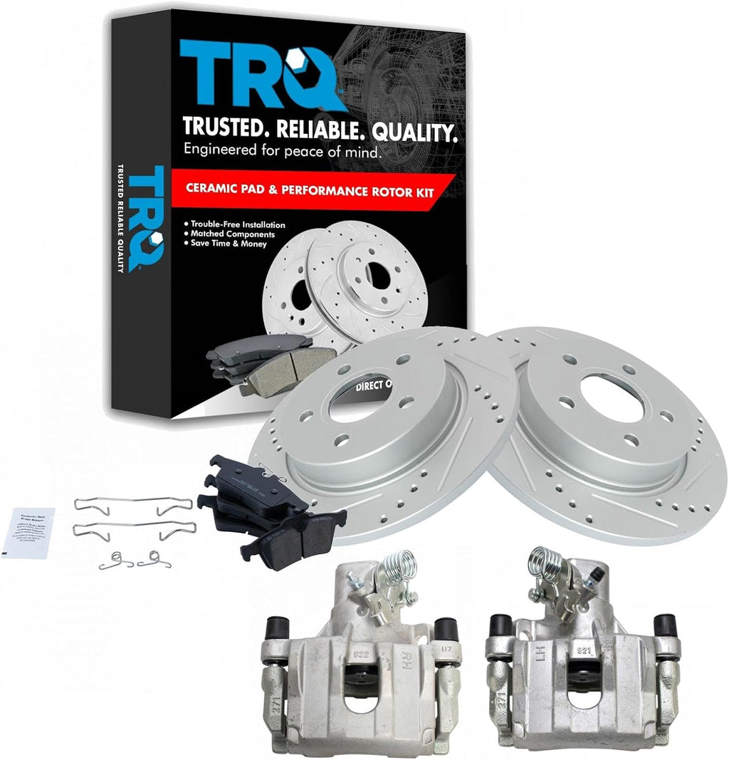 TRQ Performance Rear Brake Pad and Rotor Set Ceramic Solid G Coated Rotors Calipers Compatible with 2012-2018 Ford Focus