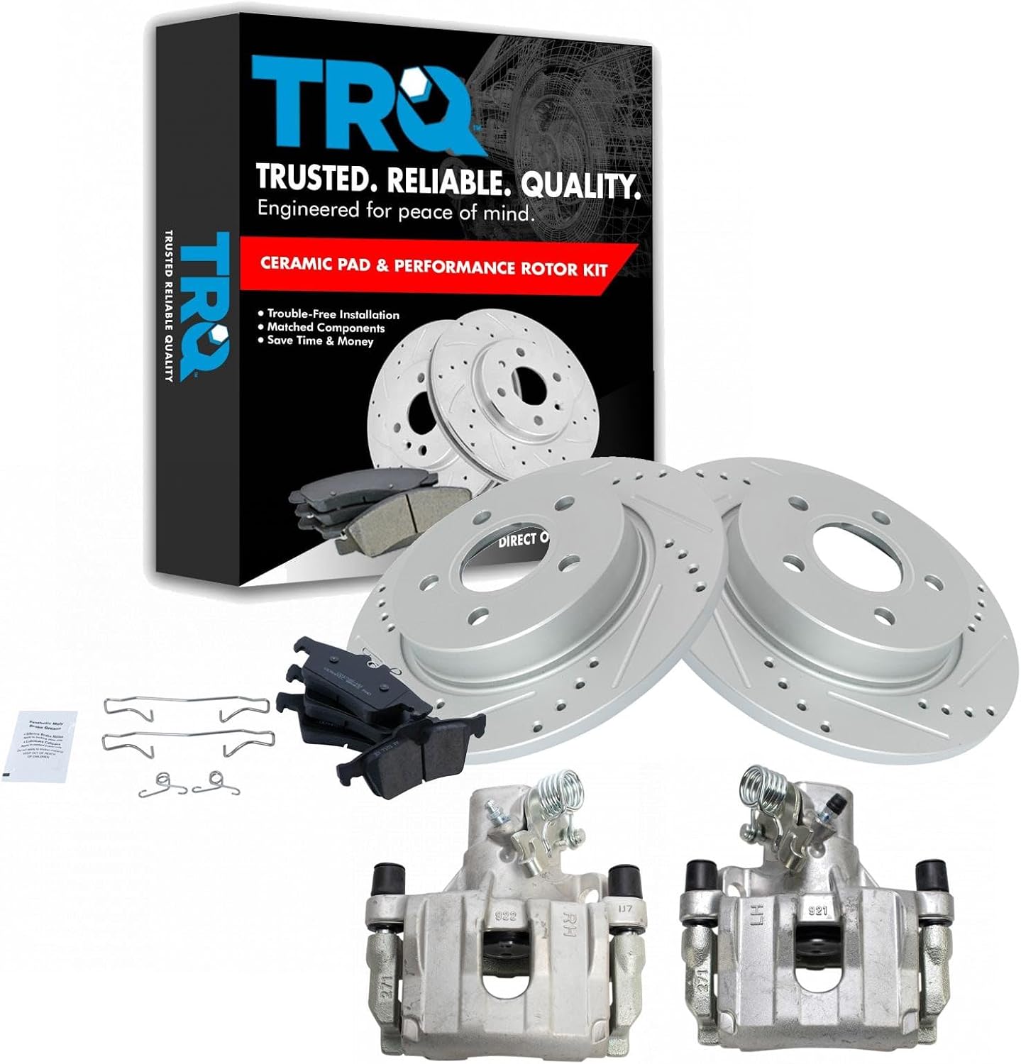 TRQ Performance Rear Brake Pad and Rotor Set Ceramic Solid G Coated Rotors Calipers Compatible with 2012-2018 Ford Focus