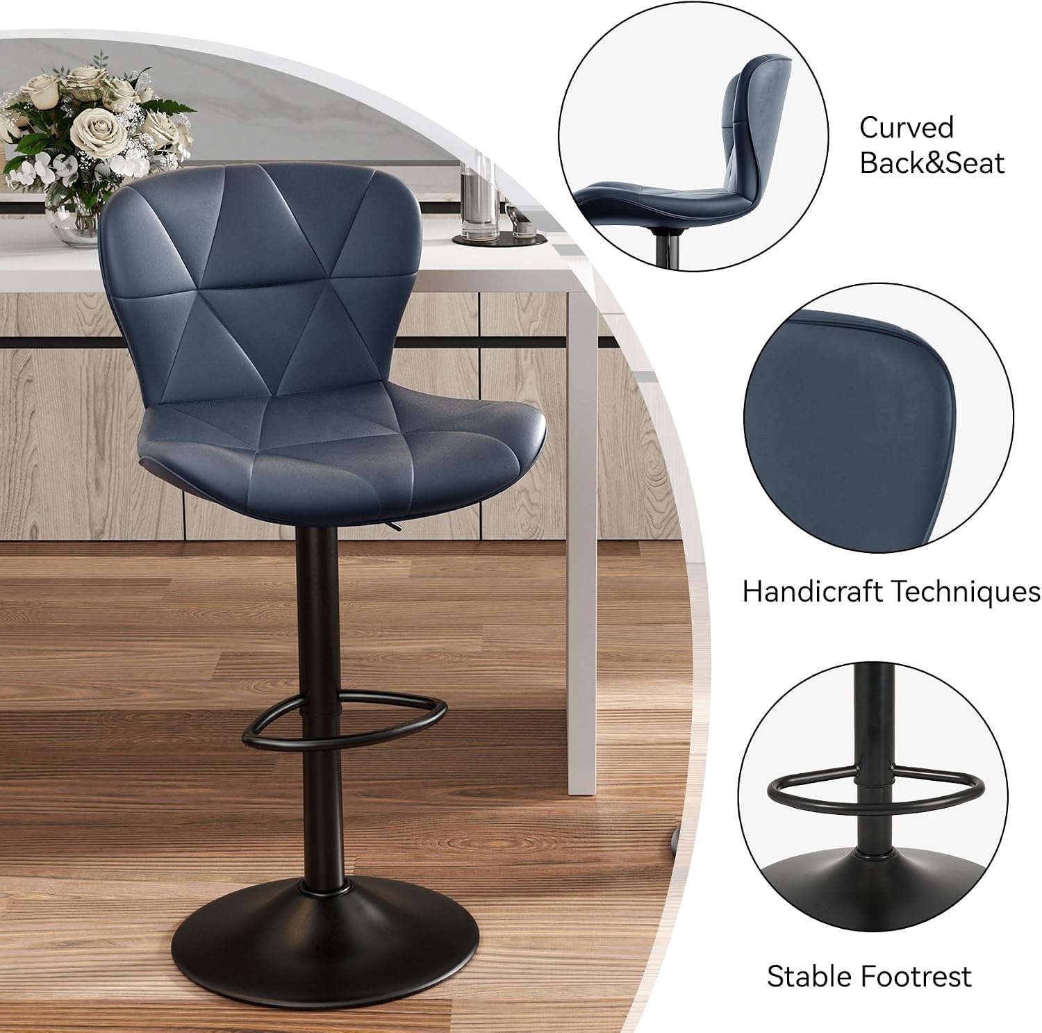 Nalupatio Modern Bar Stools Set of 3, Adjustable Faux Leather Upholstered Swivel Bar Stools, Counter Height Bar Chairs with Back for Kitchen Island, Dark Blue