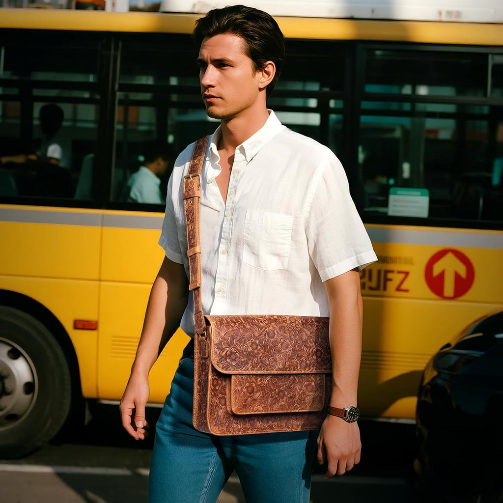 Messenger Bag 14 Inch Vintage Genuine Leather Briefcase Large Leather Computer Laptop Bag Satchel, Brown