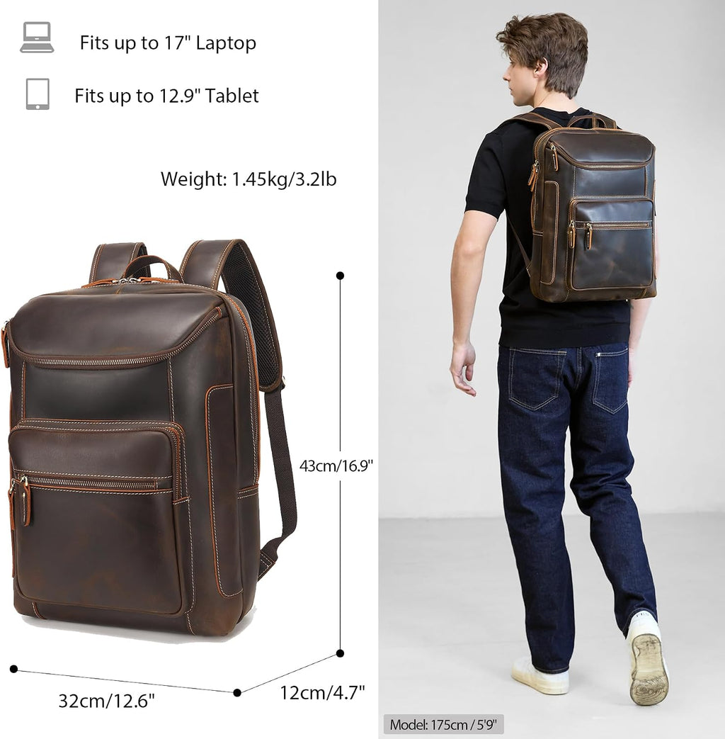 LANNSYNE Full Grain Leather Backpack For Men, 17' Laptop Backpack, Casual Outdoor Business Travel Rucksack, YKK Zippers