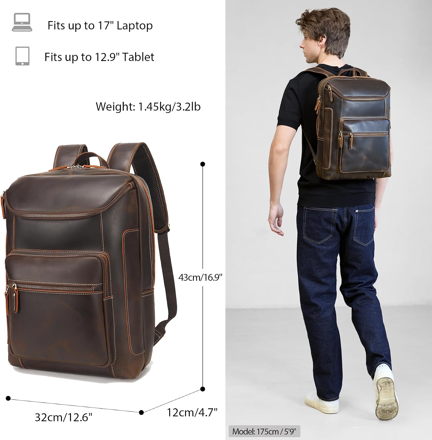 LANNSYNE Full Grain Leather Backpack For Men, 17' Laptop Backpack, Casual Outdoor Business Travel Rucksack, YKK Zippers