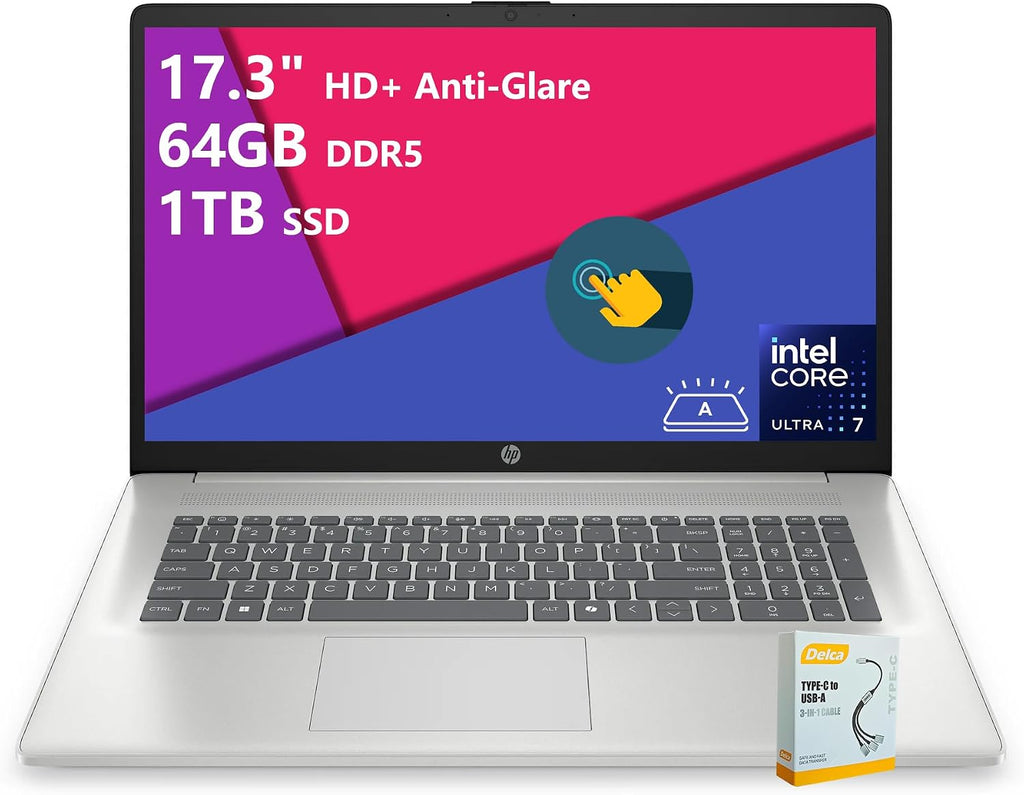 HP 17 Business AI Laptop | 17.3' HD+ Anti-Glare Touchscreen | Intel 12-Core Ultra 7 255U | 64GB DDR5 1TB SSD | Privacy Camera Wi-Fi 6 Backlit Keyboard Fast Charge Win11 w/DLCA Accessory