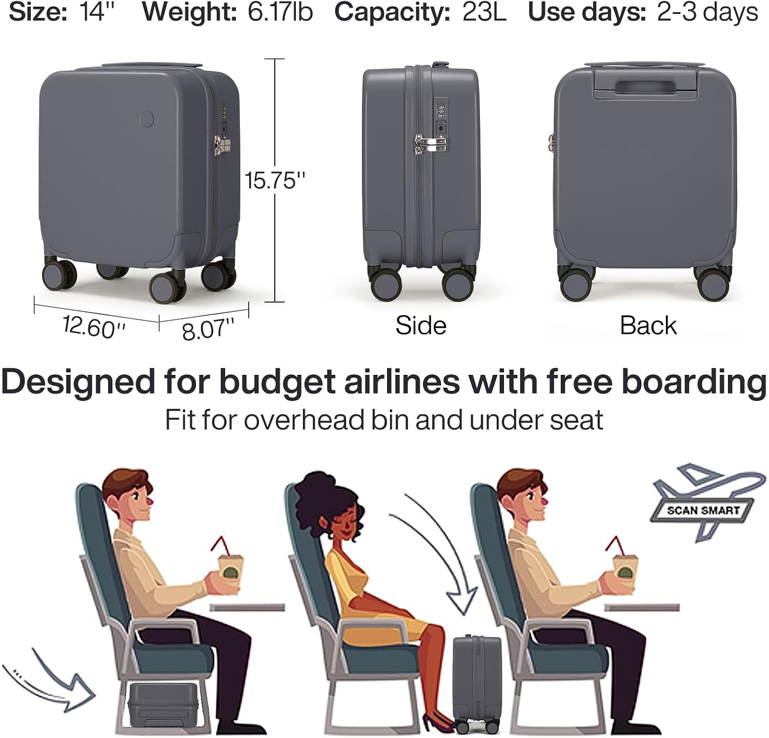 mixi 14 Inch Underseat Luggage Carry on Suitcase Free Boarding Personal Item Suitcases with Spinner Wheels Hardshell Lightweight PC for Short Travel, Rock Gray