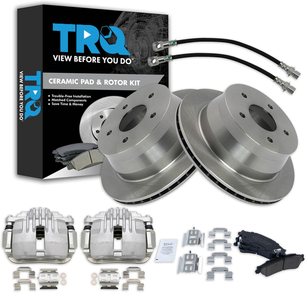 TRQ Rear Brake Pad and Rotor Set Ceramic Rotors Calipers Hoses Compatible with 1998-2002 Chevrolet Blazer 1998-2001 GMC Jimmy