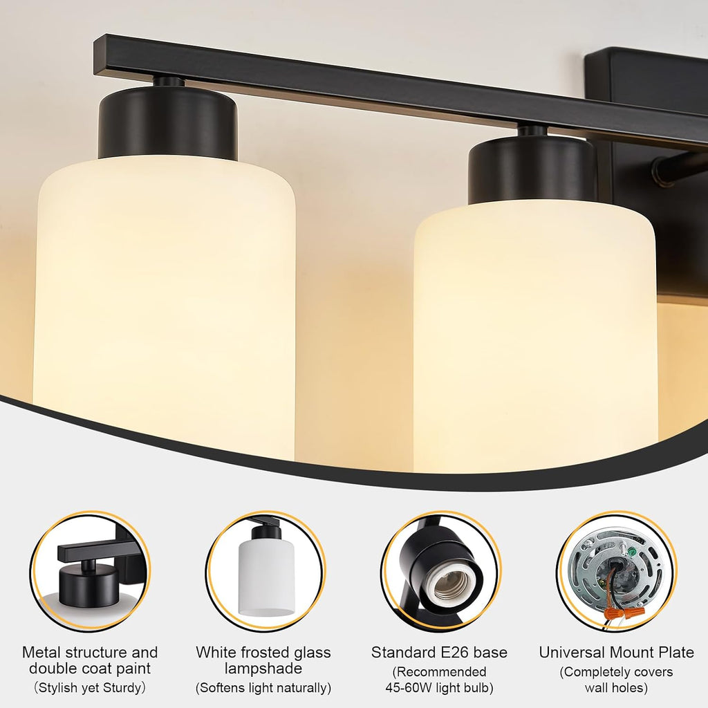 FonmYim Black Bathroom Light Fixtures, 6-Light Modern Vanity Light Over Mirror, Wall Sconces with Milky White Frosted Glass Shades, E26 Socket (Bulbs Not Included)