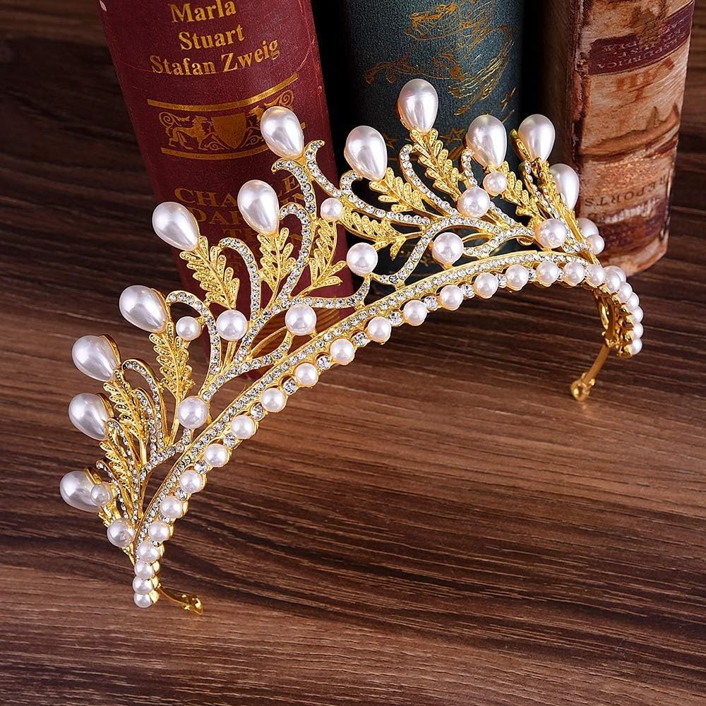 Elegant Women Bridal Crown Bridal Tiara Jewelry Bride Crown Wedding Prom Leaves Rhinestone Pearl Hair cessories for Wedding Hair Jewelry (Color : Gold) Colour:Silver (Color : Silver) (Gold )