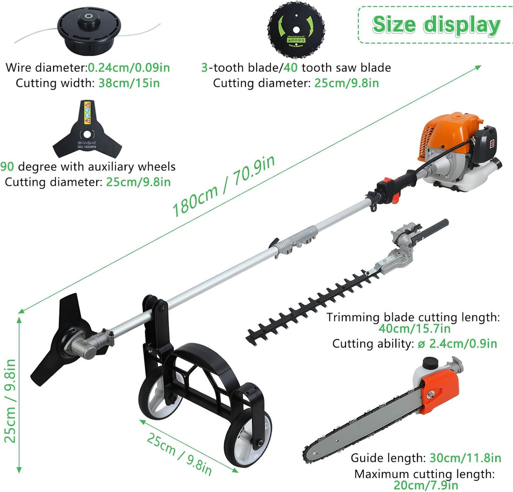 52CC 8-in-1 Gas Weed Eater 2.3KW 2-Stroke Brush Cutter, Multi-Functional Garden Trimmer Kit with Hedge Trimmer, Pole Saw, Pruner, Metal Blade, Auxiliary Wheel, 1.2L Fuel Tank for Lawn, Shrubs, Fences