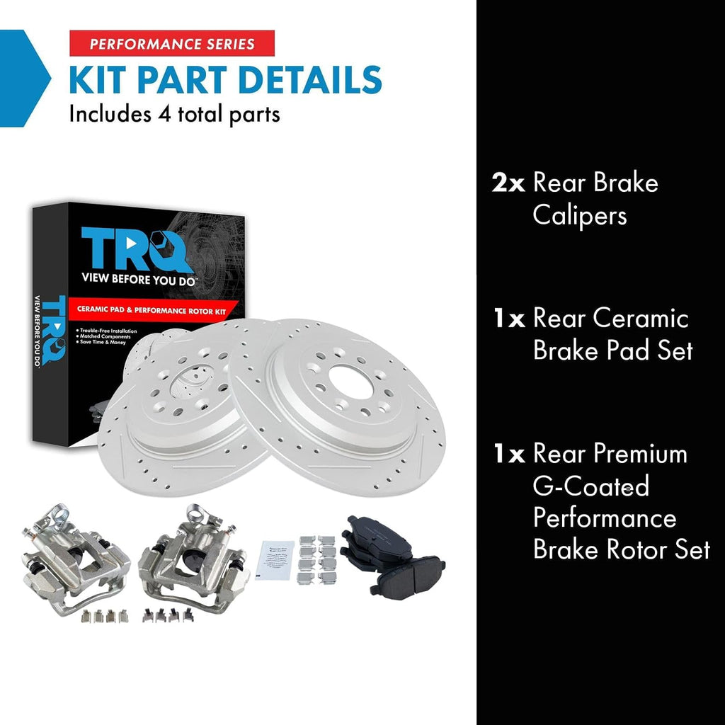 TRQ Rear Brake Rotor Pad Caliper Set Ceramic Performance Slotted Drilled Compatible with 2011-2018 Ford Explorer 2010-2012 Flex 2013-2018 Taurus 2010-2013 Lincoln MKT