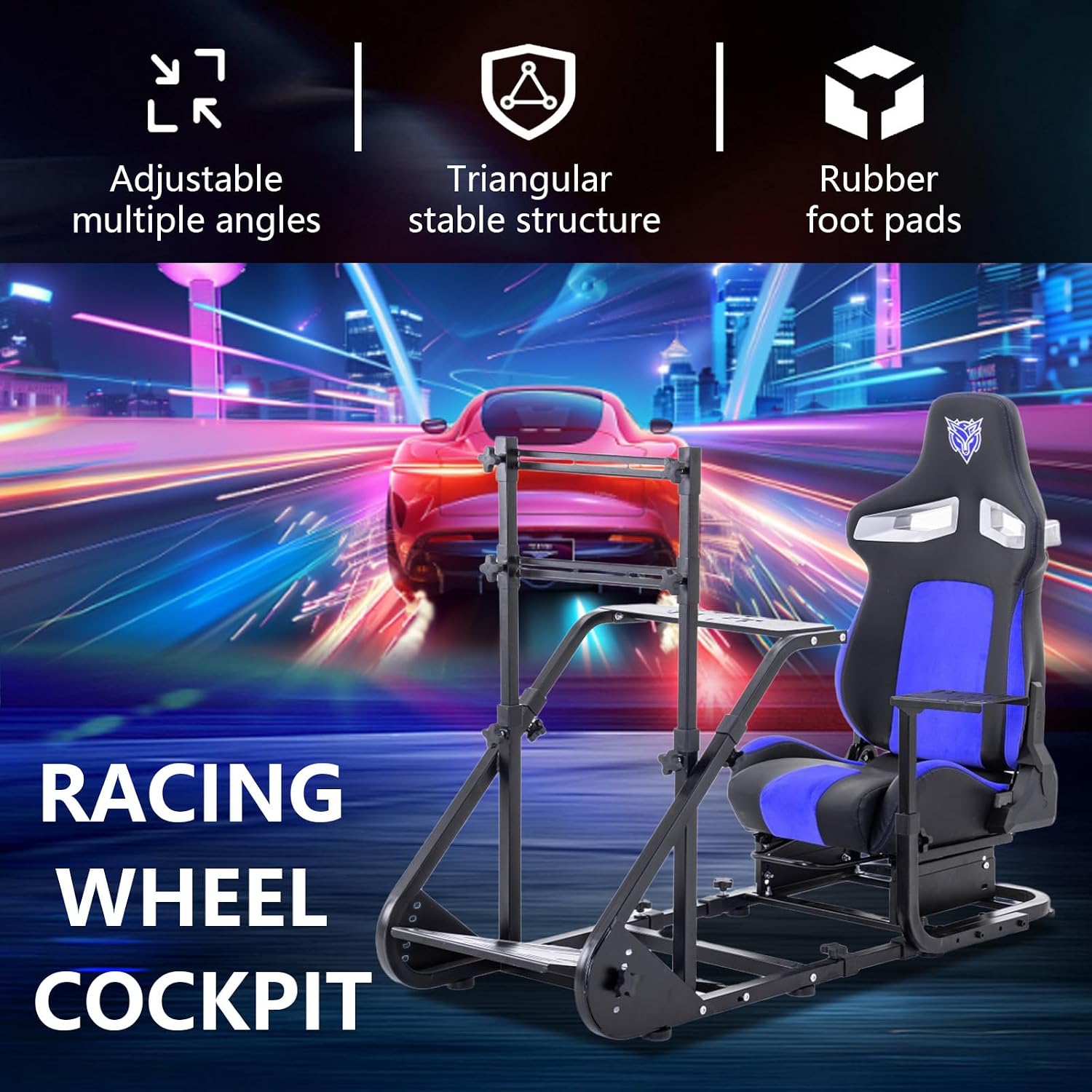 Racing Simulator Cockpit with Monitor Mount and Seat,Sim Racing Cockpit Compatible with Fanatec,PXN,Thrustmaster and Logitech Adjustable Driving Simulators,Excluding Handbrake, Pedals & Monitor (Black+Blue)