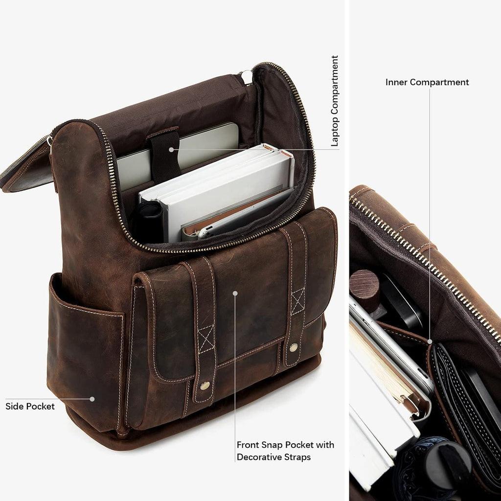 BOSTANTEN Leather Backpack for Men 15.6 inch Laptop Backpack Vintage Travel Office Bag Large Capacity Shoulder Bag Coffee