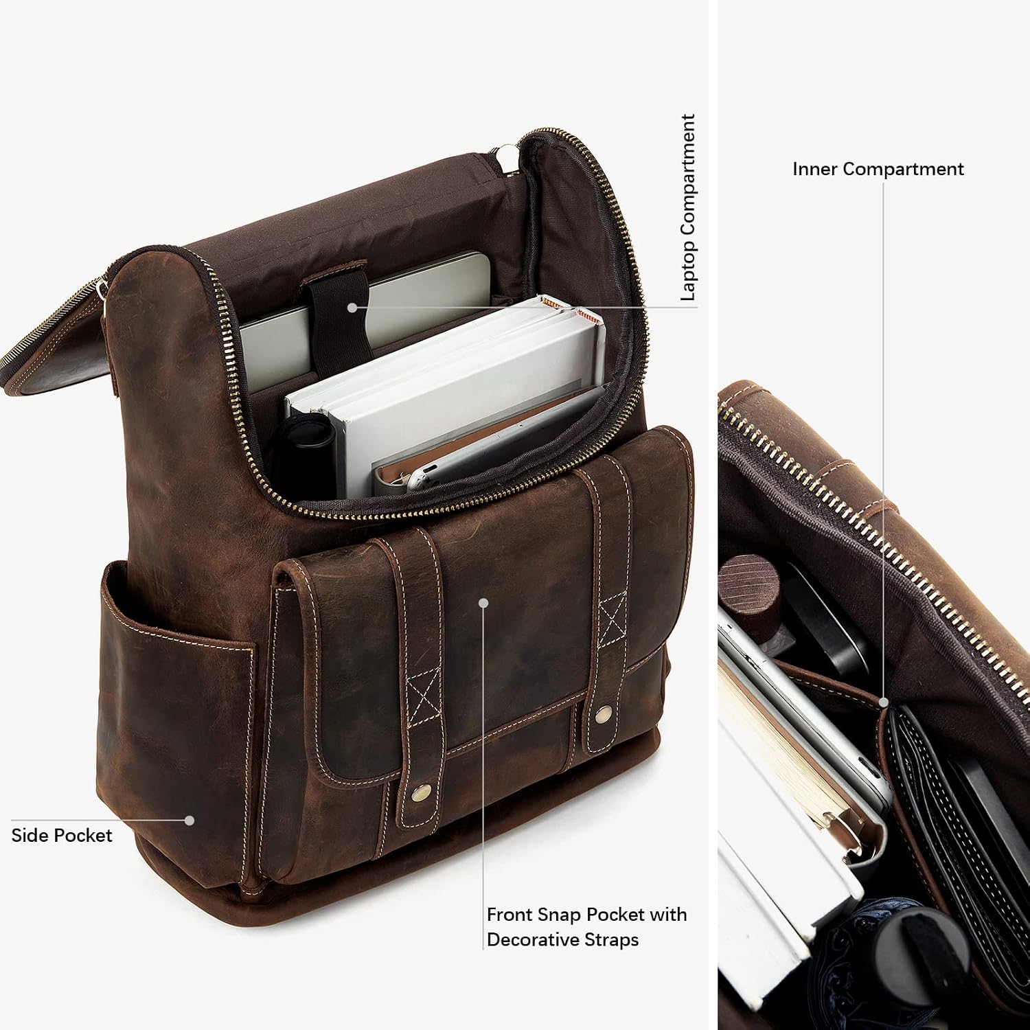 BOSTANTEN Leather Backpack for Men 15.6 inch Laptop Backpack Vintage Travel Office Bag Large Capacity Shoulder Bag Coffee