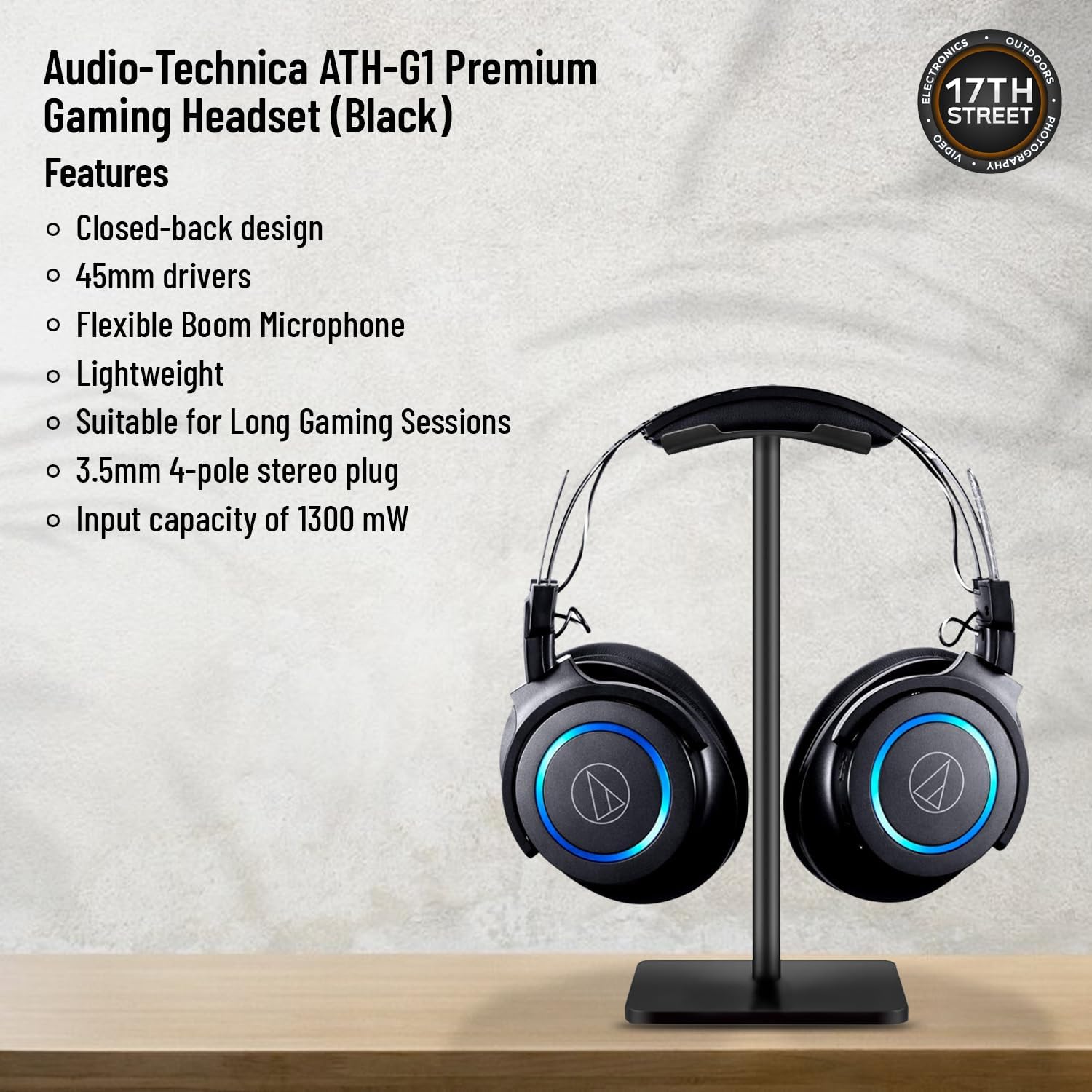 Audio-Technica ATH-G1 Closed Back Premium Wired Gaming Headset with Detachable Boom Mic, Waith Aluminum Headset Stand (Black) and Waith Microfibre Cleaning Cloth with Bag (Essential Bundle Set)