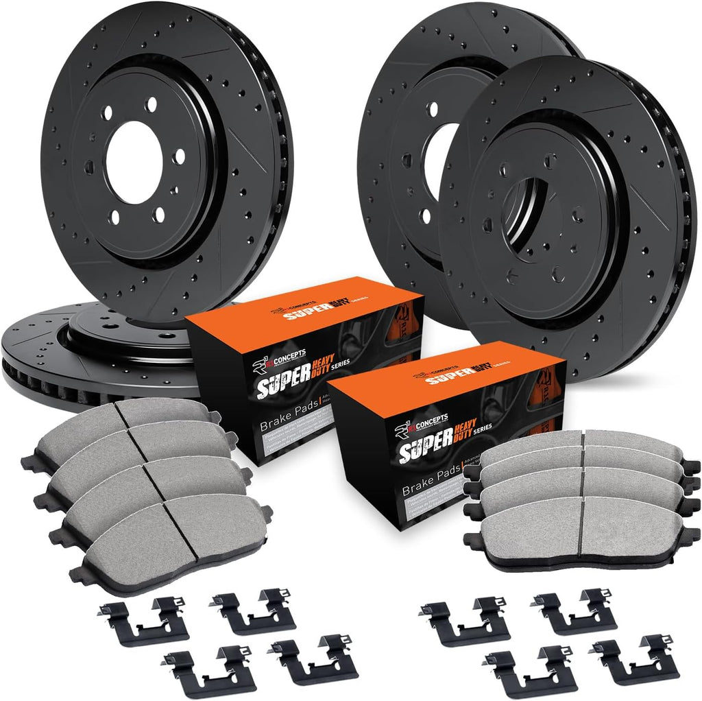 R1 Concepts Front and Rear Brake Kit Fits 2018-2020 Ford Expedition, F-150; 2018-2021 Lincoln Navigator| Super Duty Pads, Drilled Slotted Rotors| Hardware| 13.8' Front & 13.2' Rear