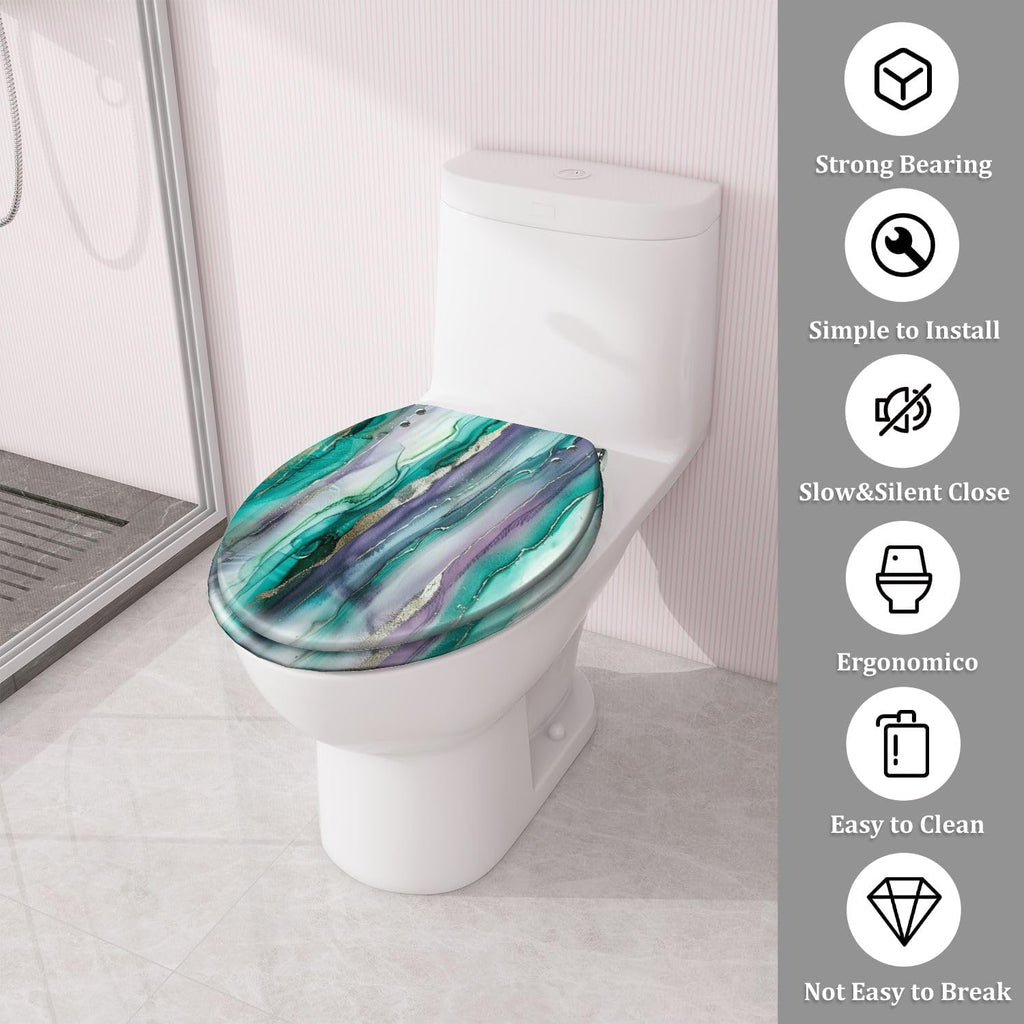Round Toilet Seat Luxury abstract fluid art technique Transparent vertical layers green Resin Toilet Seat Quietly Close Quick Release Hinges Decorative Toilet Seat with Cover Easy to Install, Style 1