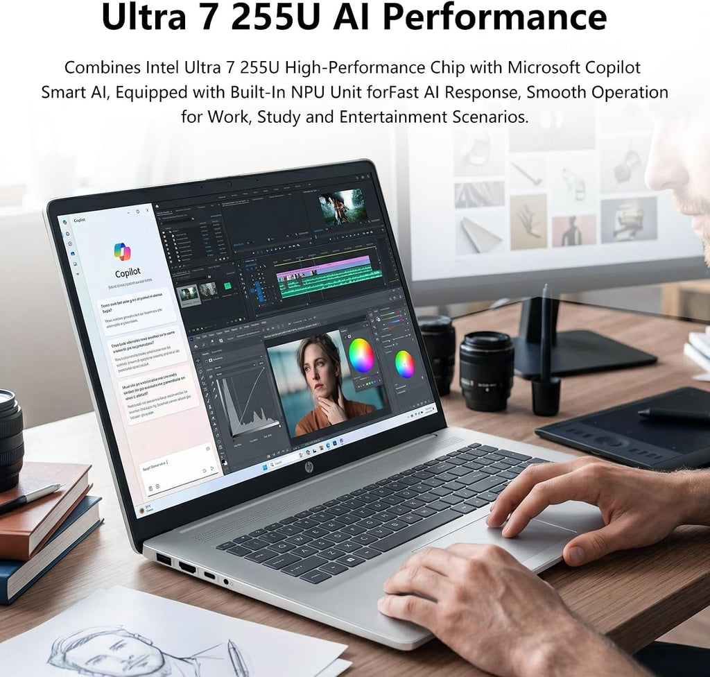 HP Pro Business Copliot AI Laptop PC, 17.3' Touchscreen, Intel Ultra 7 255U, 16GB DDR5, 2TB SSD, Wi-Fi 6, Webcam, Backlit Keyboard, Fingerprint Reader, Bundle with PCO Laptop Cooler