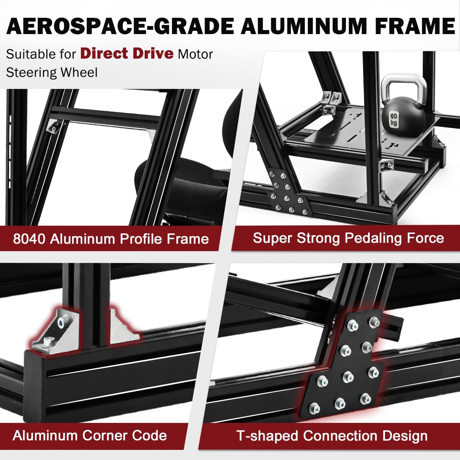 Supllueer 8040 Aluminum Racing Simulator Cockpit with Monitor Stand and Black Seat,Universal and adjustable Cockpit, Fit for Logitech, for Thrustmaster, for Fanatec,for Moza Direct Drive Motors Wheels