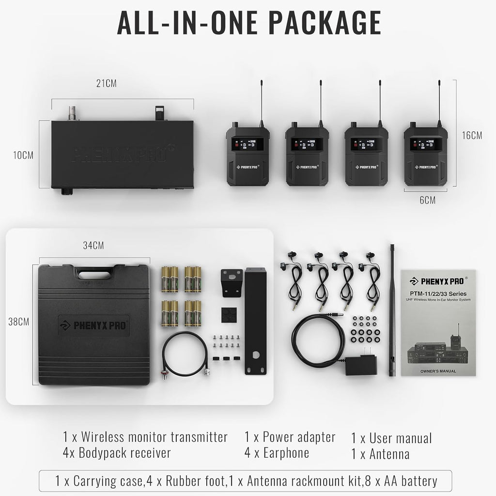 Phenyx Pro Wireless In-Ear Monitor System, Dual IEM for Musicians, Mono Stage Monitor, Metal w/ 4 Bodypacks, 50 UHF Frequencies, Rack Mount, 164ft Range, for Studio/Band (PTM-11-4B)